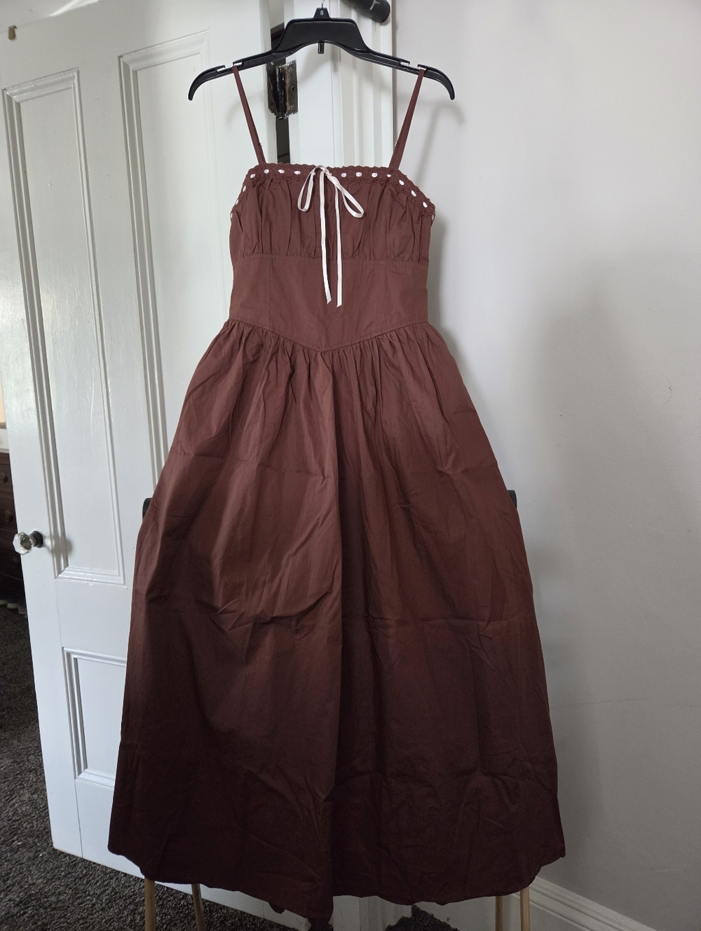 Spaghetti-Strap Maxi Dress in Rich Brown with Tie Accent
